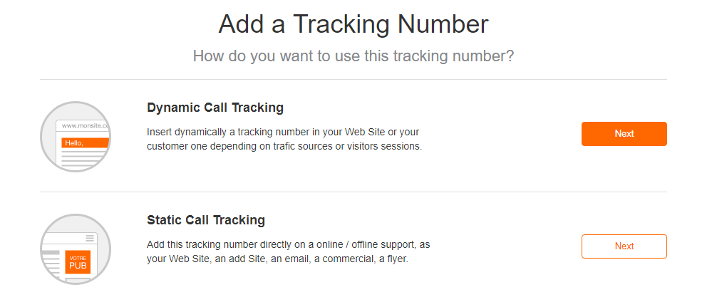 To add a Dynamic tracking number, open the Numbers tab in the topbar, and then click on the + Add New button at the top right. You will get to a workflow to help you choose the type of Call Tracking to set: