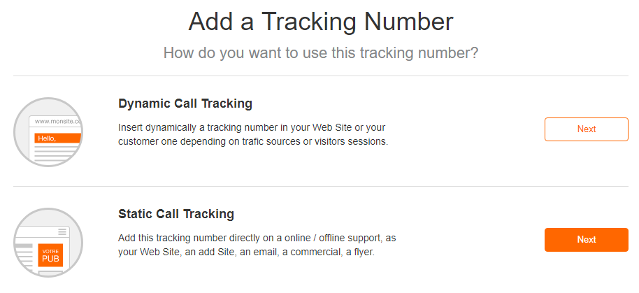 To add a Static tracking number, open the Numbers tab in the topbar, and then the + Add New button at the top right. You will get to a workflow to help you to choose which type of Call Tracking you want to set: